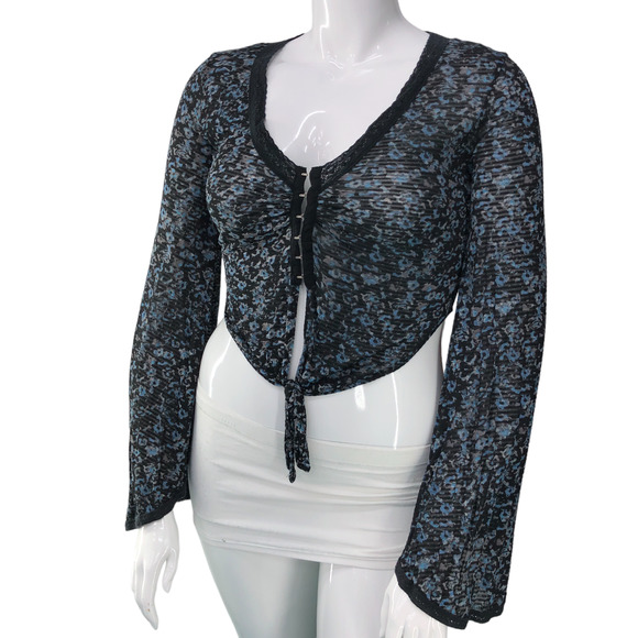 Free People Womens Size M Crop Top Mesh Bell Sleeve Tie Waist Hook and Eye Close - Picture 2 of 16